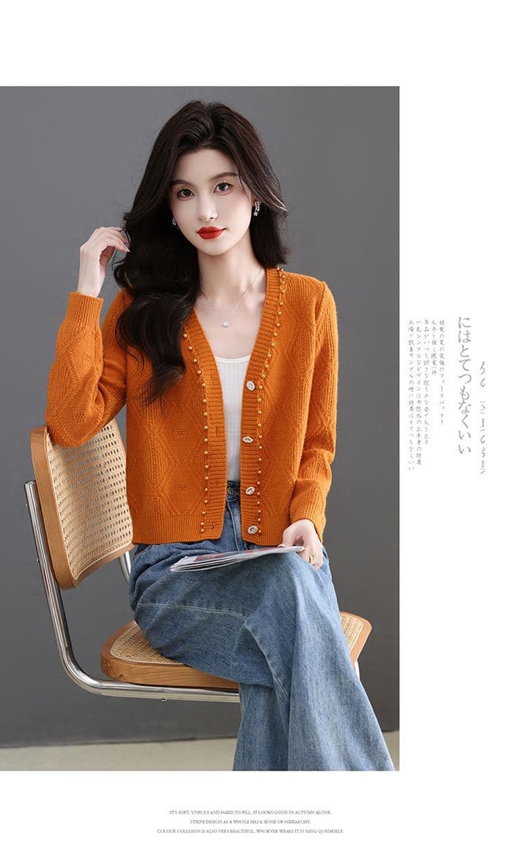 이른 가을 패션 한국 스타일 다용도 연령 감소 봄 가을 미니멀리즘 V넥 비즈 박기 양모 연령 감소 니트 오픈 가디건 쇼트 스타일 재킷 상세 이미지 30