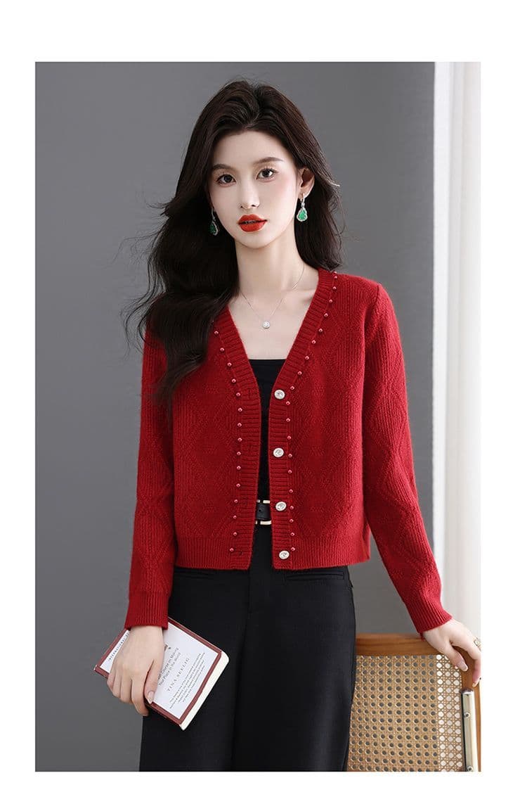 이른 가을 패션 한국 스타일 다용도 연령 감소 봄 가을 미니멀리즘 V넥 비즈 박기 양모 연령 감소 니트 오픈 가디건 쇼트 스타일 재킷 상세 이미지 31