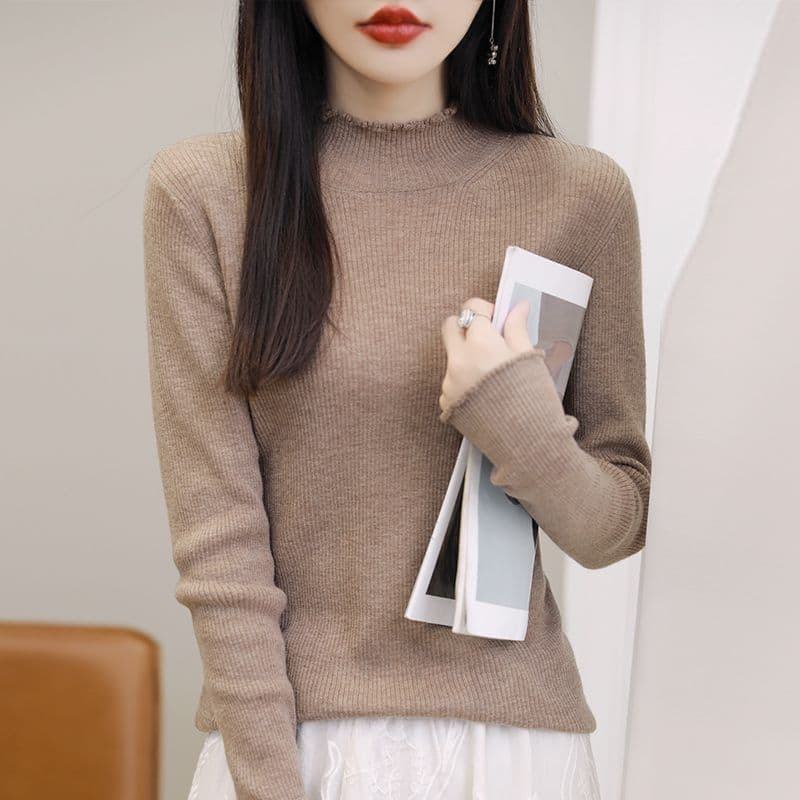 카디건 여성 프릴 반하이넥 기본 셔츠 스웨터 여자 가을 겨울 몸매 가꾸기 인사이드 잡아라. 의류 긴팔 니트 스웨터 여성 이미지 3