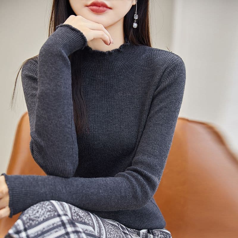 카디건 여성 프릴 반하이넥 기본 셔츠 스웨터 여자 가을 겨울 몸매 가꾸기 인사이드 잡아라. 의류 긴팔 니트 스웨터 여성 이미지 2