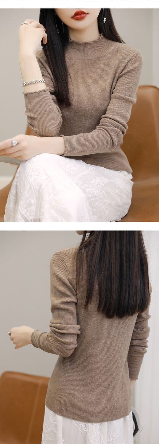 카디건 여성 프릴 반하이넥 기본 셔츠 스웨터 여자 가을 겨울 몸매 가꾸기 인사이드 잡아라. 의류 긴팔 니트 스웨터 여성 상세 이미지 8
