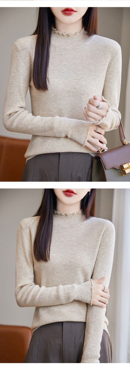 카디건 여성 프릴 반하이넥 기본 셔츠 스웨터 여자 가을 겨울 몸매 가꾸기 인사이드 잡아라. 의류 긴팔 니트 스웨터 여성 상세 이미지 9