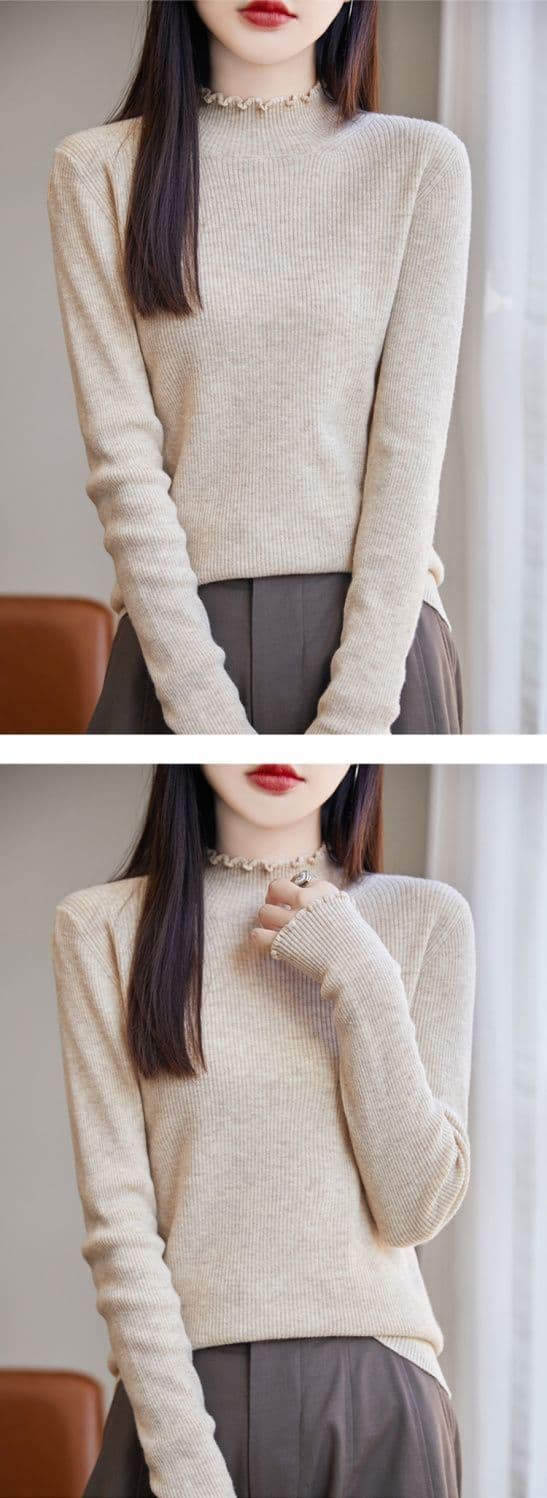 카디건 여성 프릴 반하이넥 기본 셔츠 스웨터 여자 가을 겨울 몸매 가꾸기 인사이드 잡아라. 의류 긴팔 니트 스웨터 여성 상세 이미지 10