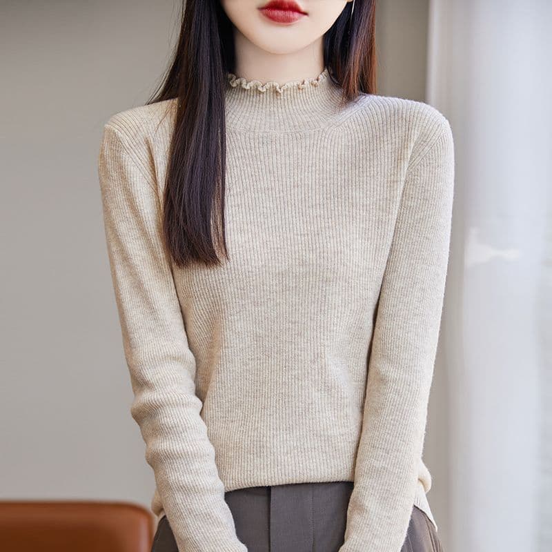 카디건 여성 프릴 반하이넥 기본 셔츠 스웨터 여자 가을 겨울 몸매 가꾸기 인사이드 잡아라. 의류 긴팔 니트 스웨터 여성 상세 이미지 20