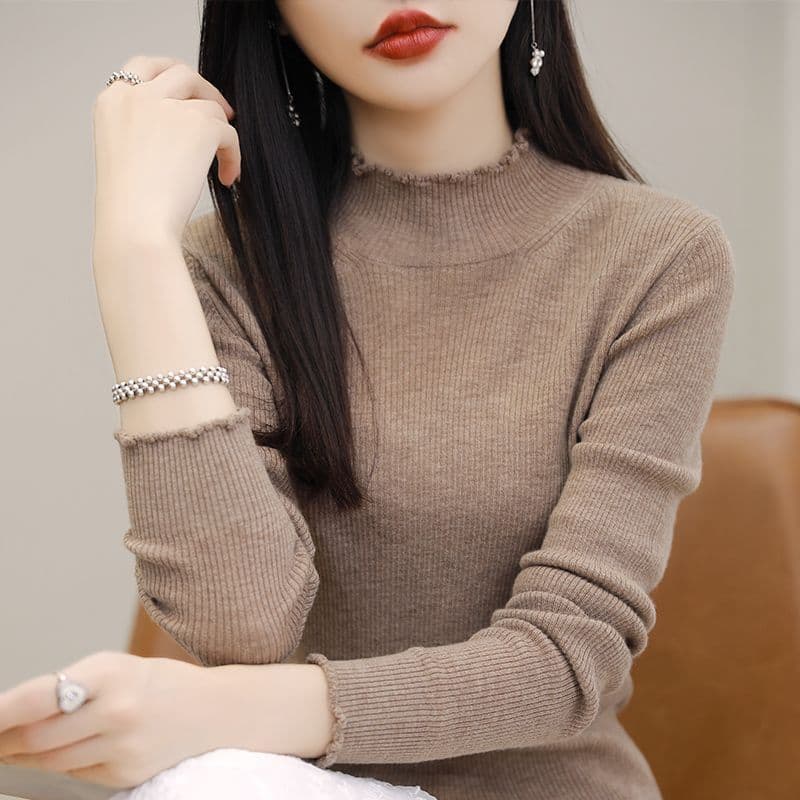 카디건 여성 프릴 반하이넥 기본 셔츠 스웨터 여자 가을 겨울 몸매 가꾸기 인사이드 잡아라. 의류 긴팔 니트 스웨터 여성 상세 이미지 28