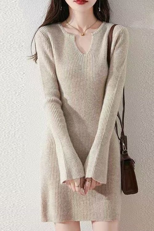 가을 겨울 새로운 반 개방 칼라 드레스 나팔 소매 몸매 가꾸기 타이트 스커트 니트 기본 셔츠 중간 길이 스웨터 드레스 아이들 이미지 7