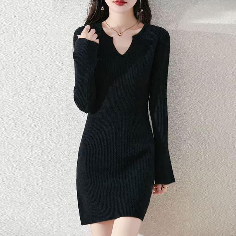가을 겨울 새로운 반 개방 칼라 드레스 나팔 소매 몸매 가꾸기 타이트 스커트 니트 기본 셔츠 중간 길이 스웨터 드레스 아이들 상세 이미지 5