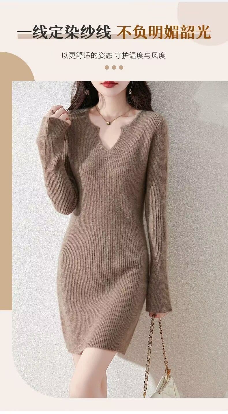 가을 겨울 새로운 반 개방 칼라 드레스 나팔 소매 몸매 가꾸기 타이트 스커트 니트 기본 셔츠 중간 길이 스웨터 드레스 아이들 상세 이미지 7
