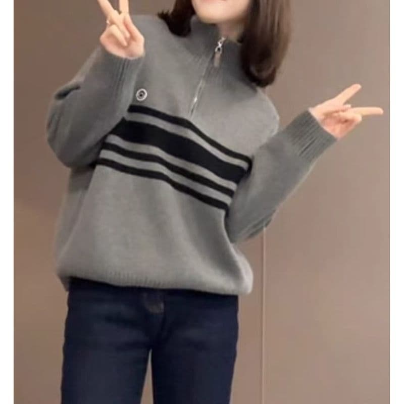 스탠드 칼라 半拉 달구다 사슬 스트라이프 스웨터 새로운 가을 겨울 빅 사이즈 품격 연령 감소 느긋한 슬림해 보이는 다용도 니트 스웨터 켜기 상세 이미지 2
