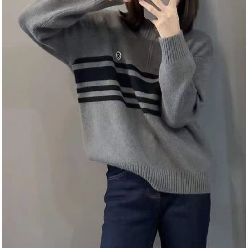 스탠드 칼라 半拉 달구다 사슬 스트라이프 스웨터 새로운 가을 겨울 빅 사이즈 품격 연령 감소 느긋한 슬림해 보이는 다용도 니트 스웨터 켜기 상세 이미지 9