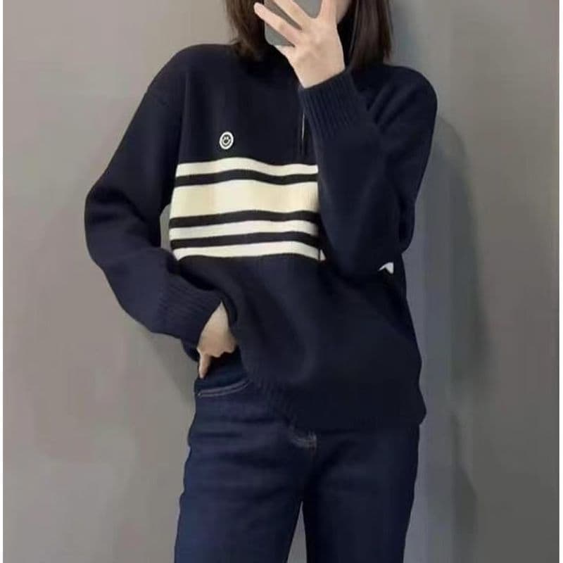 스탠드 칼라 半拉 달구다 사슬 스트라이프 스웨터 새로운 가을 겨울 빅 사이즈 품격 연령 감소 느긋한 슬림해 보이는 다용도 니트 스웨터 켜기 상세 이미지 10