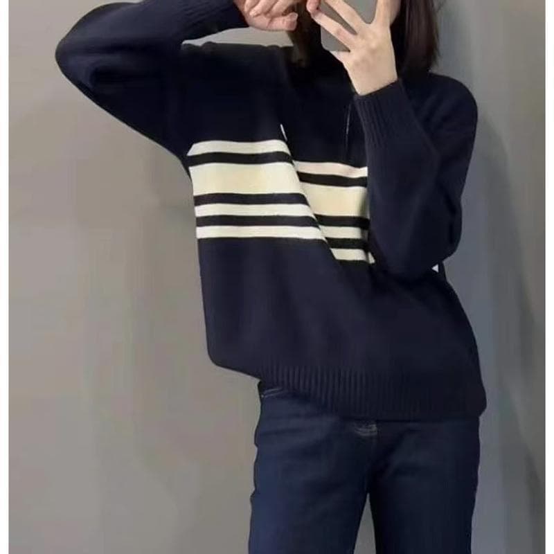 스탠드 칼라 半拉 달구다 사슬 스트라이프 스웨터 새로운 가을 겨울 빅 사이즈 품격 연령 감소 느긋한 슬림해 보이는 다용도 니트 스웨터 켜기 상세 이미지 13