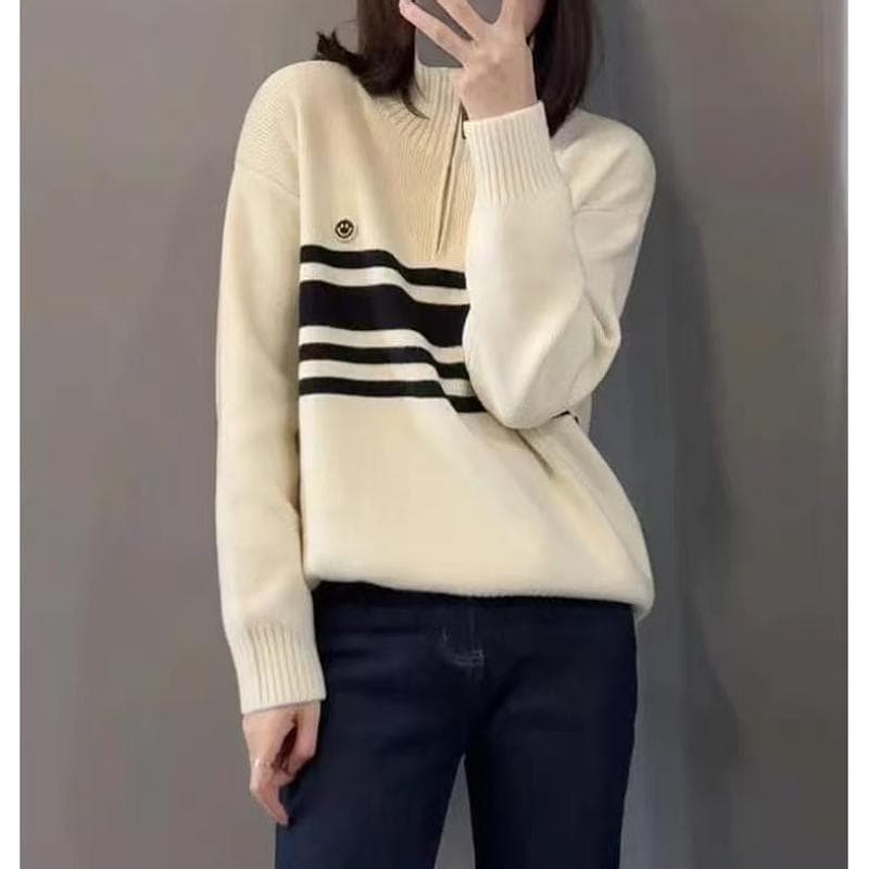 스탠드 칼라 半拉 달구다 사슬 스트라이프 스웨터 새로운 가을 겨울 빅 사이즈 품격 연령 감소 느긋한 슬림해 보이는 다용도 니트 스웨터 켜기 상세 이미지 15