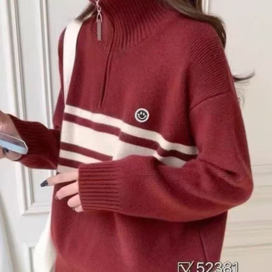 스탠드 칼라 半拉 달구다 사슬 스트라이프 스웨터 새로운 가을 겨울 빅 사이즈 품격 연령 감소 느긋한 슬림해 보이는 다용도 니트 스웨터 켜기 상세 이미지 25