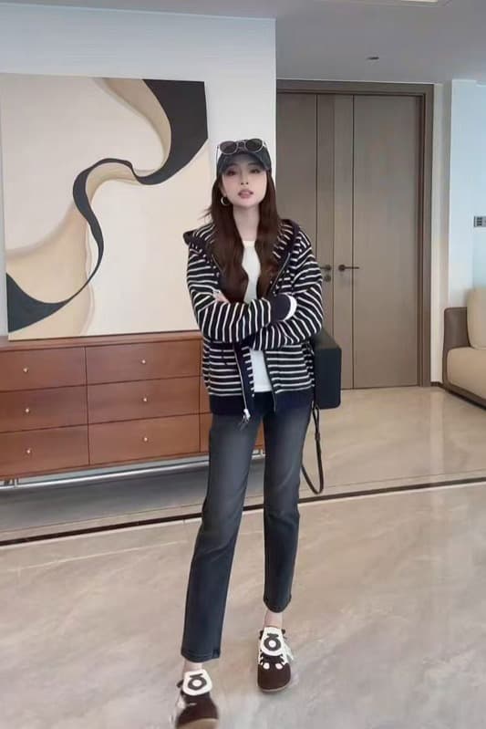 느긋한 스트라이프 후드 지퍼 니트 오픈 가디건 여성 새로운 캐주얼 연령 감소 루즈핏 슬림해 보이는 다용도 스웨터 여성 코트 이미지 6