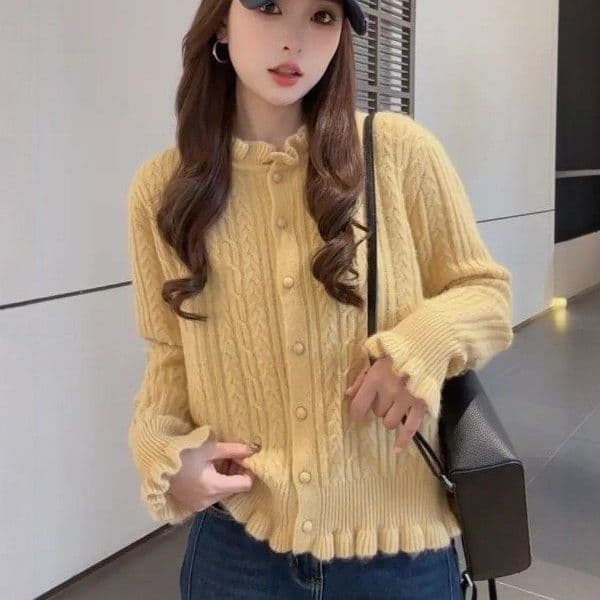프랑스식 연령 감소 프릴 새로운 스웨터 두꺼운 니트 스웨터 여성 봄 가을 슬림해 보이는 루즈핏 꽈배기 재킷 맨위 이미지 2