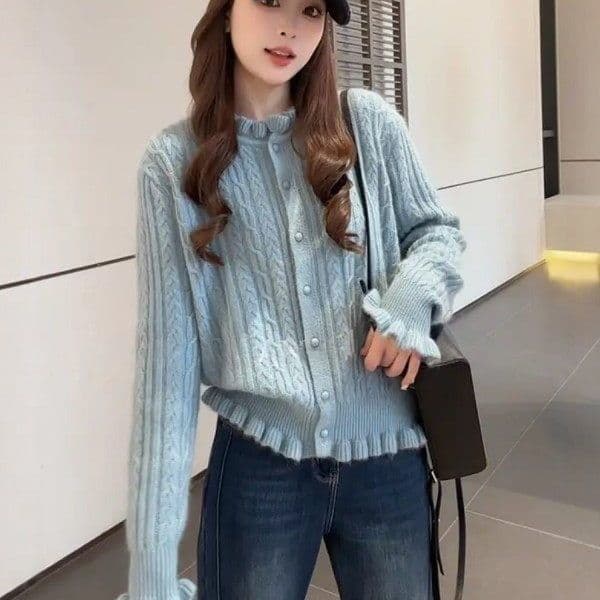 프랑스식 연령 감소 프릴 새로운 스웨터 두꺼운 니트 스웨터 여성 봄 가을 슬림해 보이는 루즈핏 꽈배기 재킷 맨위 이미지 3