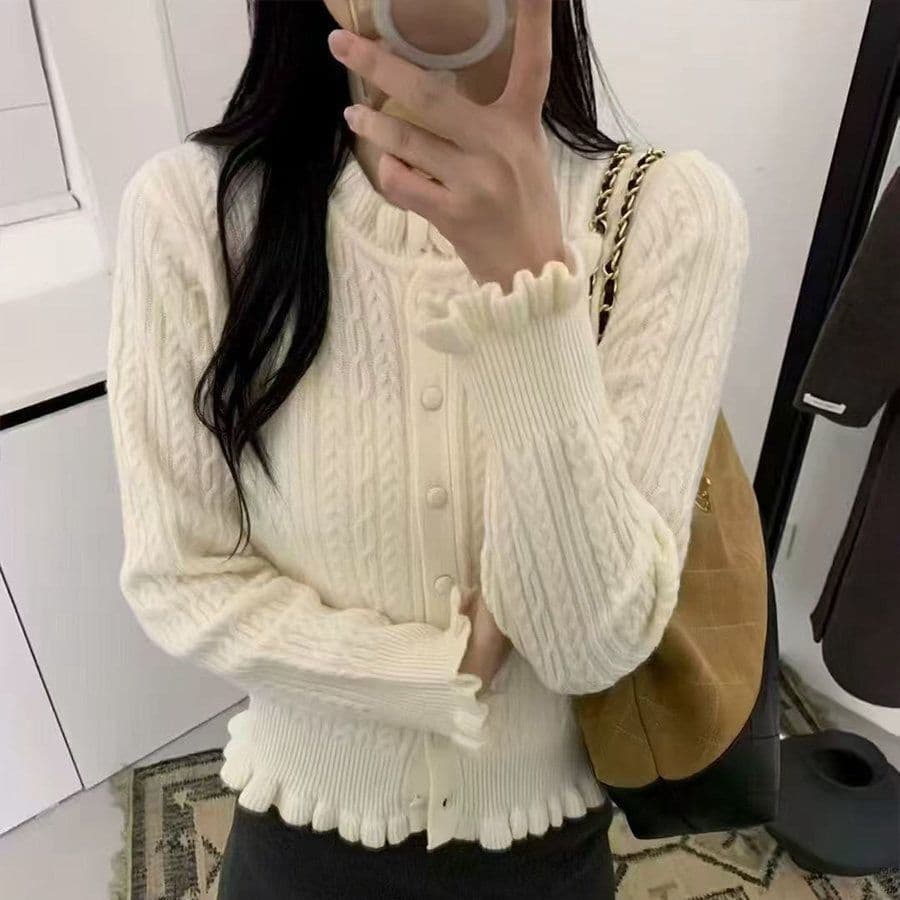 프랑스식 연령 감소 프릴 새로운 스웨터 두꺼운 니트 스웨터 여성 봄 가을 슬림해 보이는 루즈핏 꽈배기 재킷 맨위 상세 이미지 3
