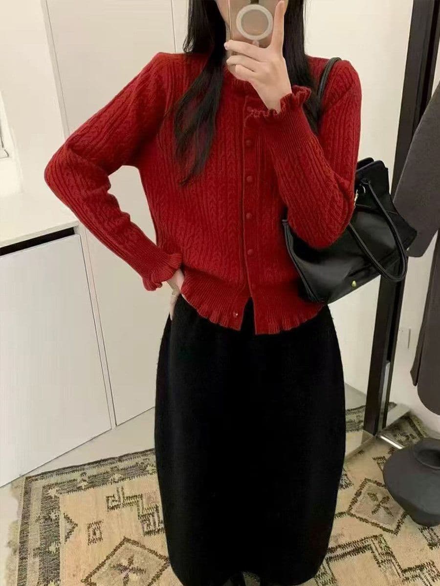 프랑스식 연령 감소 프릴 새로운 스웨터 두꺼운 니트 스웨터 여성 봄 가을 슬림해 보이는 루즈핏 꽈배기 재킷 맨위 상세 이미지 8