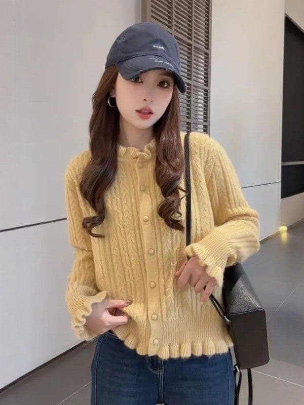 프랑스식 연령 감소 프릴 새로운 스웨터 두꺼운 니트 스웨터 여성 봄 가을 슬림해 보이는 루즈핏 꽈배기 재킷 맨위 상세 이미지 12