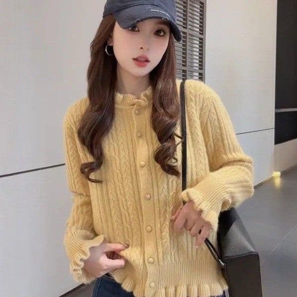 프랑스식 연령 감소 프릴 새로운 스웨터 두꺼운 니트 스웨터 여성 봄 가을 슬림해 보이는 루즈핏 꽈배기 재킷 맨위 상세 이미지 16