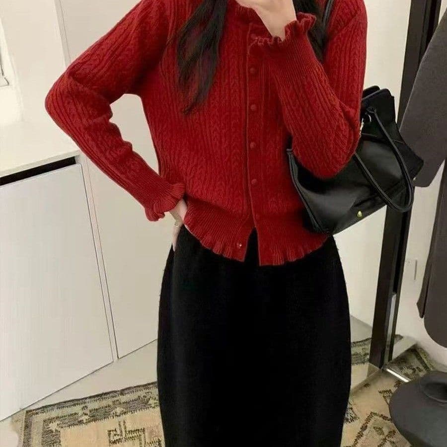프랑스식 연령 감소 프릴 새로운 스웨터 두꺼운 니트 스웨터 여성 봄 가을 슬림해 보이는 루즈핏 꽈배기 재킷 맨위 상세 이미지 17