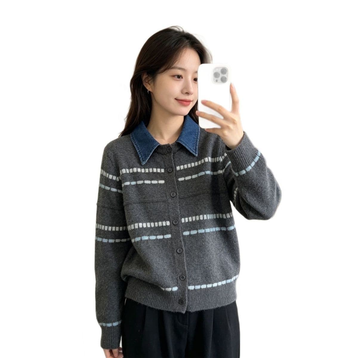 가을 겨울 새로운 스트라이프 배색 데님 폴로 칼라 니트 오픈 가디건 여성 와이드 부드러운 찹쌀 스웨터 코트 다용도 맨위 여성 상세 이미지 42