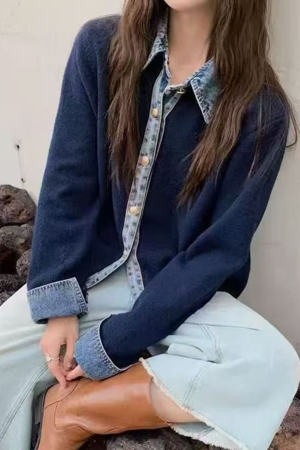 한 부서 봄 가을 새로운 데님 패치워크 털 니트 스웨터 패션 표지 고기 슬림해 보이는 연령 감소 느긋한 바람 캐주얼 맨위 여성 이미지 6