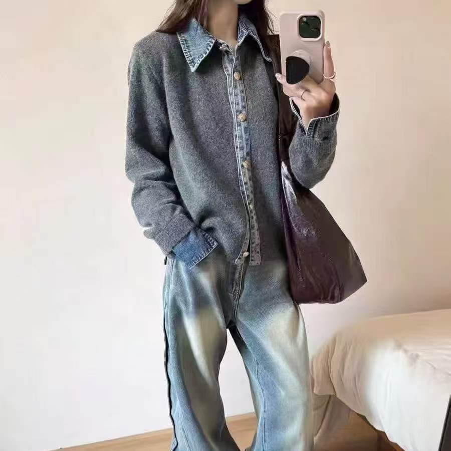 한 부서 봄 가을 새로운 데님 패치워크 털 니트 스웨터 패션 표지 고기 슬림해 보이는 연령 감소 느긋한 바람 캐주얼 맨위 여성 상세 이미지 16