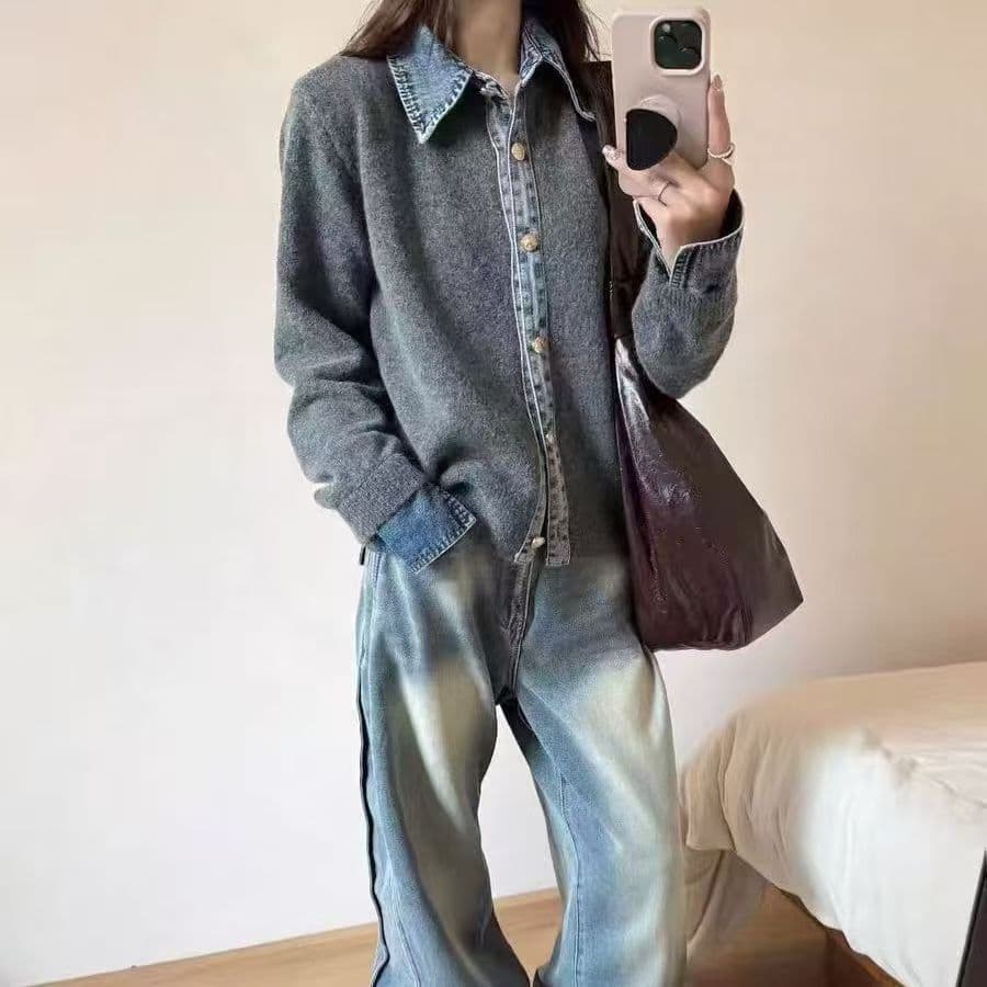 한 부서 봄 가을 새로운 데님 패치워크 털 니트 스웨터 패션 표지 고기 슬림해 보이는 연령 감소 느긋한 바람 캐주얼 맨위 여성 상세 이미지 20