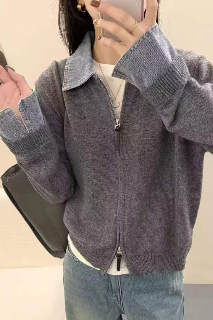 폴로 칼라 긴팔 데님 패치워크 더블 지퍼 두꺼운 니트 스웨터 봄 가을 새로운 느긋한 바람 다용도 페이크 레이어드 스웨터 이미지 6