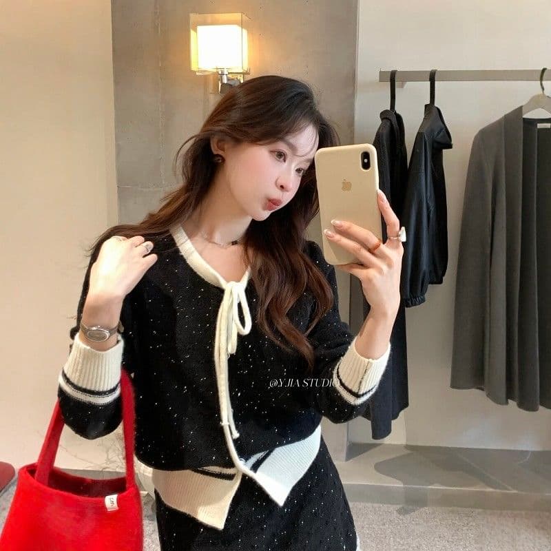한 부서 패션 미니멀리즘 품격 다용도 단색 긴팔 스웨터 치마 달콤함 편안함 하이웨이스트 슬림해 보이는 두 조각 여성 세트 이미지 5