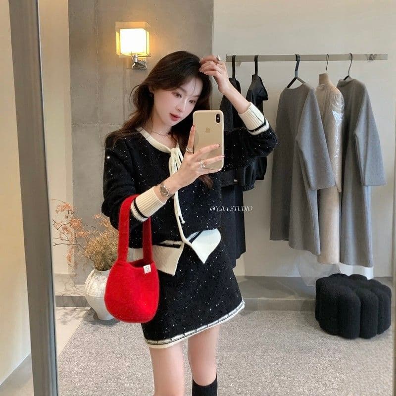 한 부서 패션 미니멀리즘 품격 다용도 단색 긴팔 스웨터 치마 달콤함 편안함 하이웨이스트 슬림해 보이는 두 조각 여성 세트 이미지 3