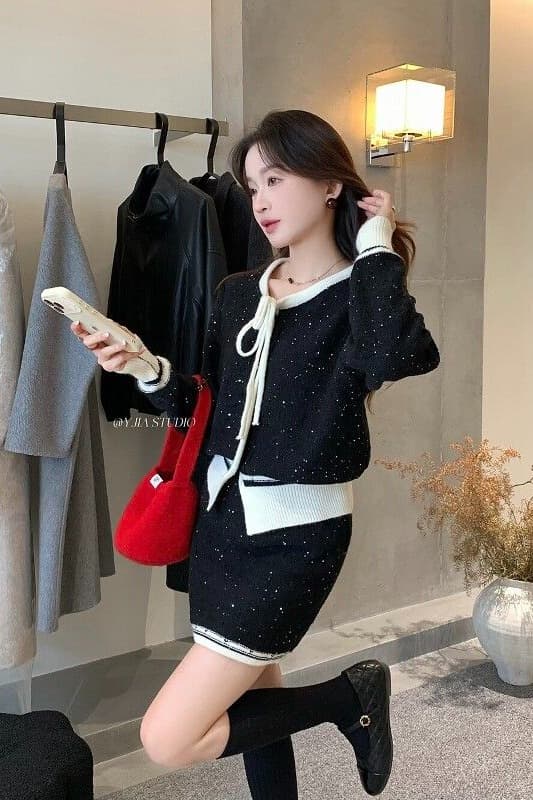 한 부서 패션 미니멀리즘 품격 다용도 단색 긴팔 스웨터 치마 달콤함 편안함 하이웨이스트 슬림해 보이는 두 조각 여성 세트 이미지 6
