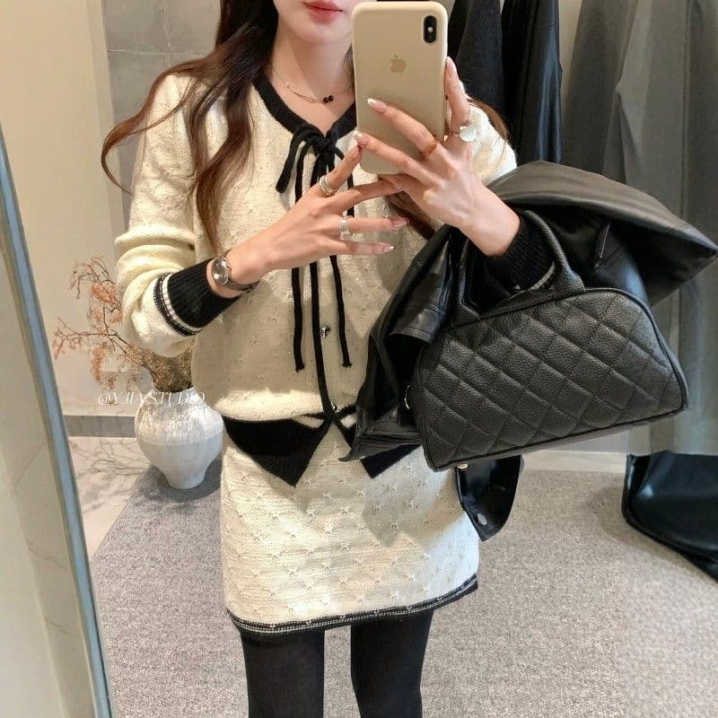 한 부서 패션 미니멀리즘 품격 다용도 단색 긴팔 스웨터 치마 달콤함 편안함 하이웨이스트 슬림해 보이는 두 조각 여성 세트 상세 이미지 33
