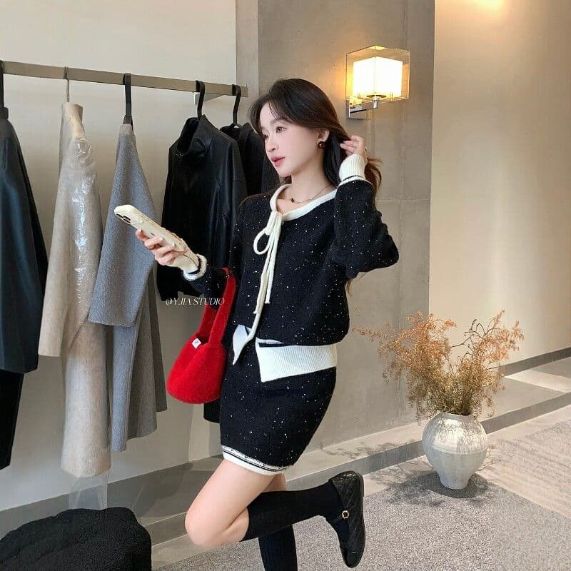 한 부서 패션 미니멀리즘 품격 다용도 단색 긴팔 스웨터 치마 달콤함 편안함 하이웨이스트 슬림해 보이는 두 조각 여성 세트 상세 이미지 34