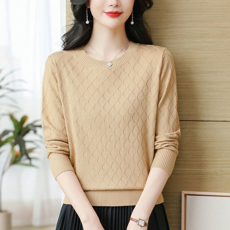 봄 가을 새로운 패션 루즈핏 표지 고기 연령 감소 긴팔 니트 기본 셔츠 여성 단색 라운드 넥 캐주얼 다용도 스웨터 이미지 5
