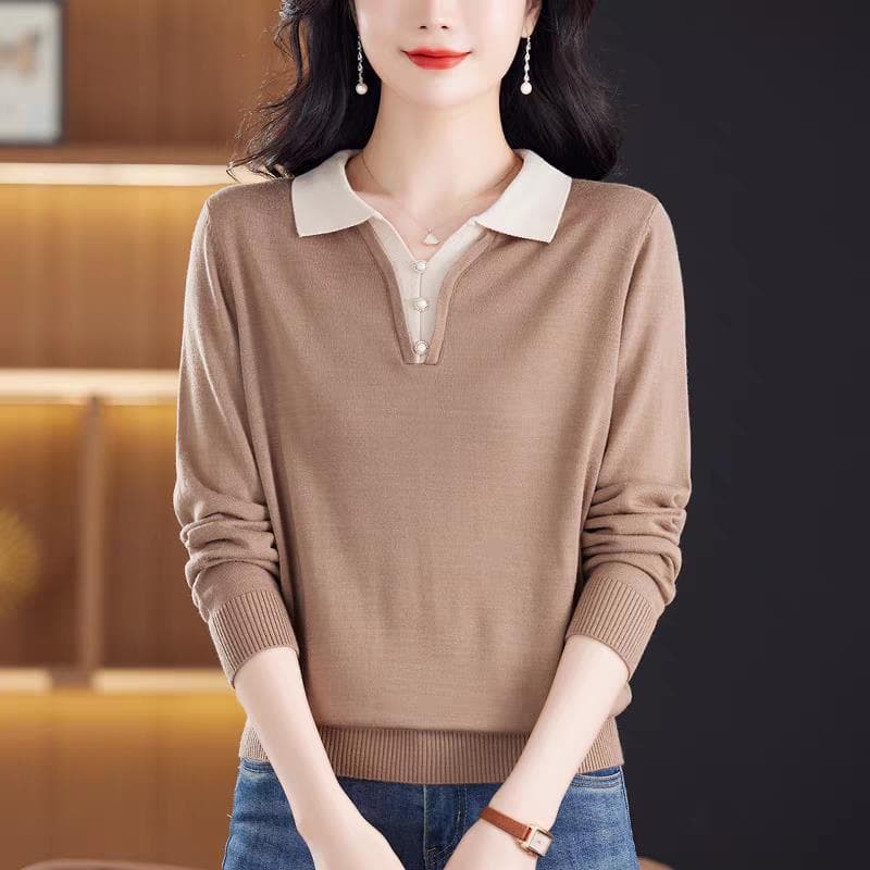 POLO 칼라 니트 스웨터 맨위 여성 봄 가을 새로운 외국 가스 패션 폴로 칼라 다용도 캐주얼 긴팔 어머니 드레스 스웨터