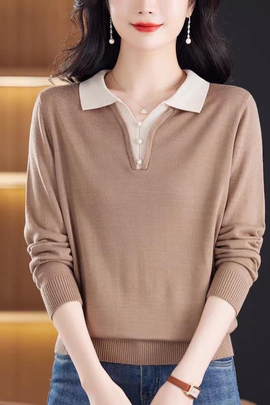 POLO 칼라 니트 스웨터 맨위 여성 봄 가을 새로운 외국 가스 패션 폴로 칼라 다용도 캐주얼 긴팔 어머니 드레스 스웨터 이미지 6