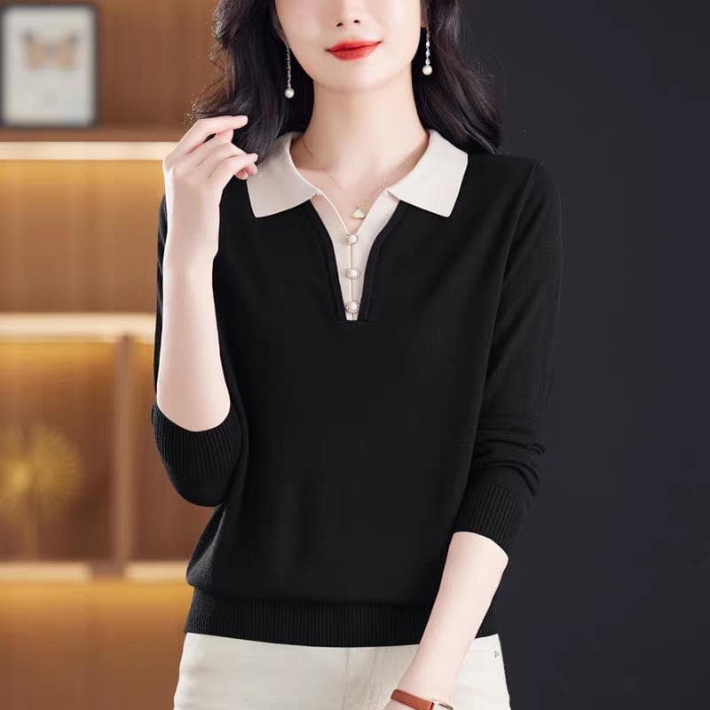 POLO 칼라 니트 스웨터 맨위 여성 봄 가을 새로운 외국 가스 패션 폴로 칼라 다용도 캐주얼 긴팔 어머니 드레스 스웨터 상세 이미지 2