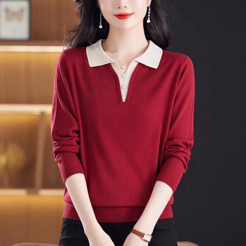 POLO 칼라 니트 스웨터 맨위 여성 봄 가을 새로운 외국 가스 패션 폴로 칼라 다용도 캐주얼 긴팔 어머니 드레스 스웨터 상세 이미지 3