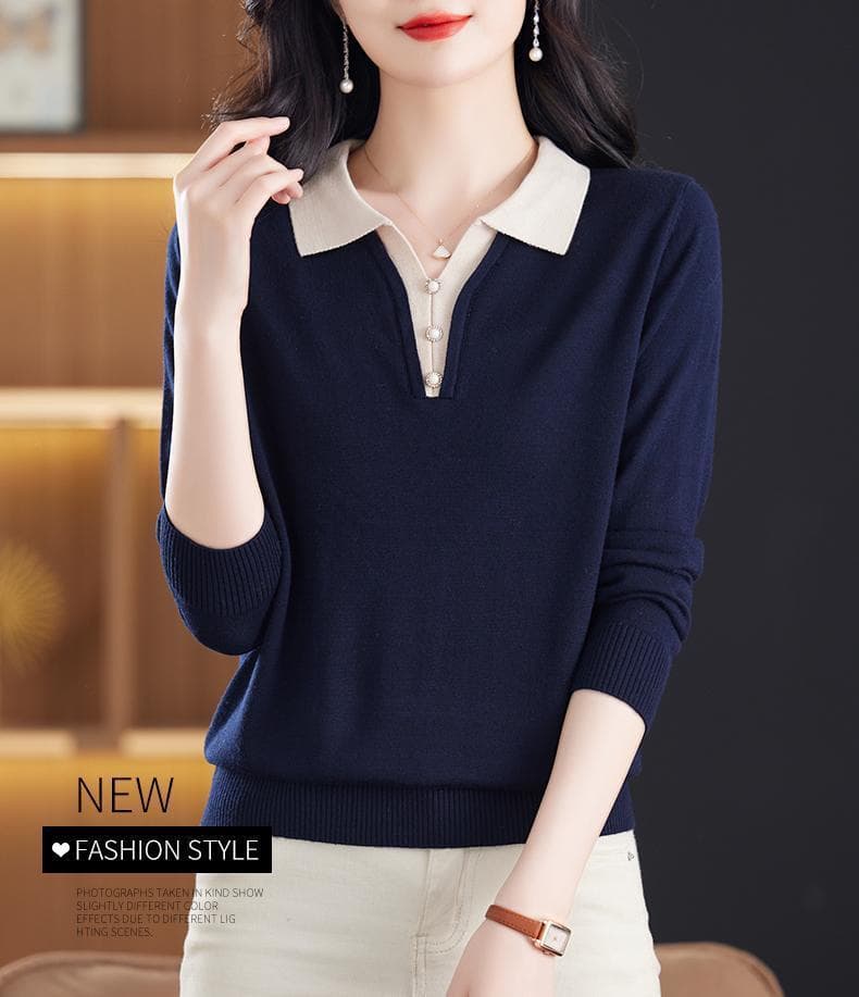 POLO 칼라 니트 스웨터 맨위 여성 봄 가을 새로운 외국 가스 패션 폴로 칼라 다용도 캐주얼 긴팔 어머니 드레스 스웨터 상세 이미지 6