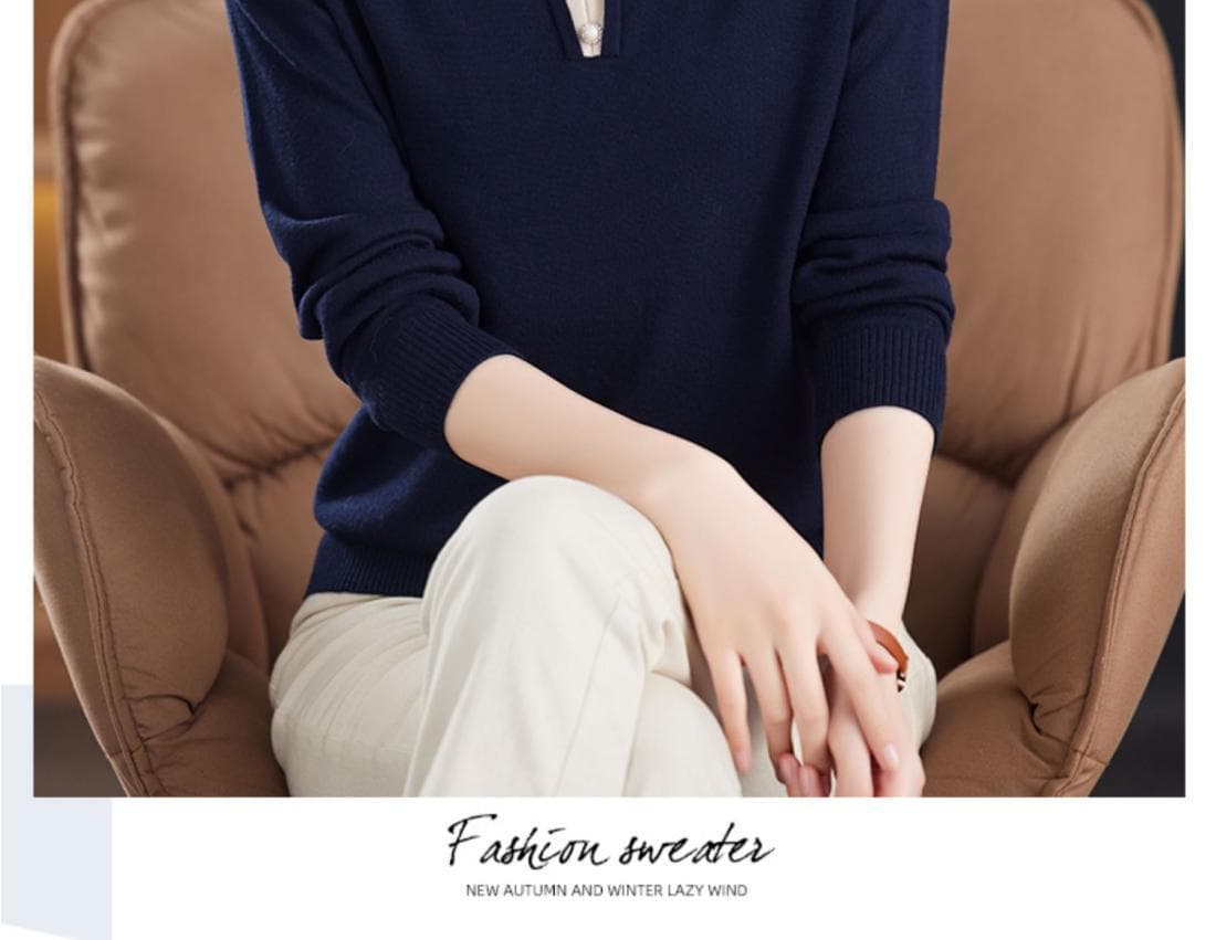POLO 칼라 니트 스웨터 맨위 여성 봄 가을 새로운 외국 가스 패션 폴로 칼라 다용도 캐주얼 긴팔 어머니 드레스 스웨터 상세 이미지 15