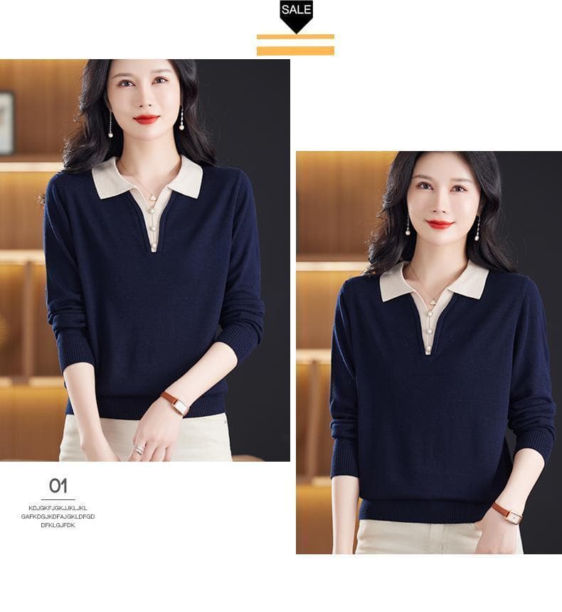 POLO 칼라 니트 스웨터 맨위 여성 봄 가을 새로운 외국 가스 패션 폴로 칼라 다용도 캐주얼 긴팔 어머니 드레스 스웨터 상세 이미지 17