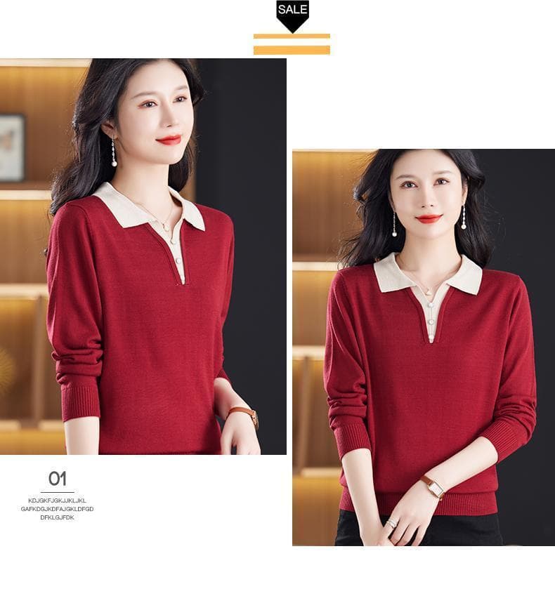 POLO 칼라 니트 스웨터 맨위 여성 봄 가을 새로운 외국 가스 패션 폴로 칼라 다용도 캐주얼 긴팔 어머니 드레스 스웨터 상세 이미지 20