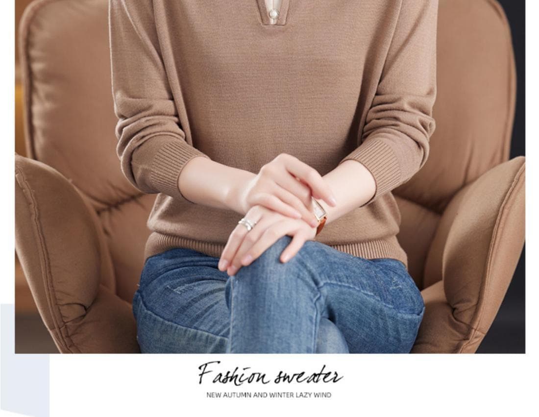 POLO 칼라 니트 스웨터 맨위 여성 봄 가을 새로운 외국 가스 패션 폴로 칼라 다용도 캐주얼 긴팔 어머니 드레스 스웨터 상세 이미지 22