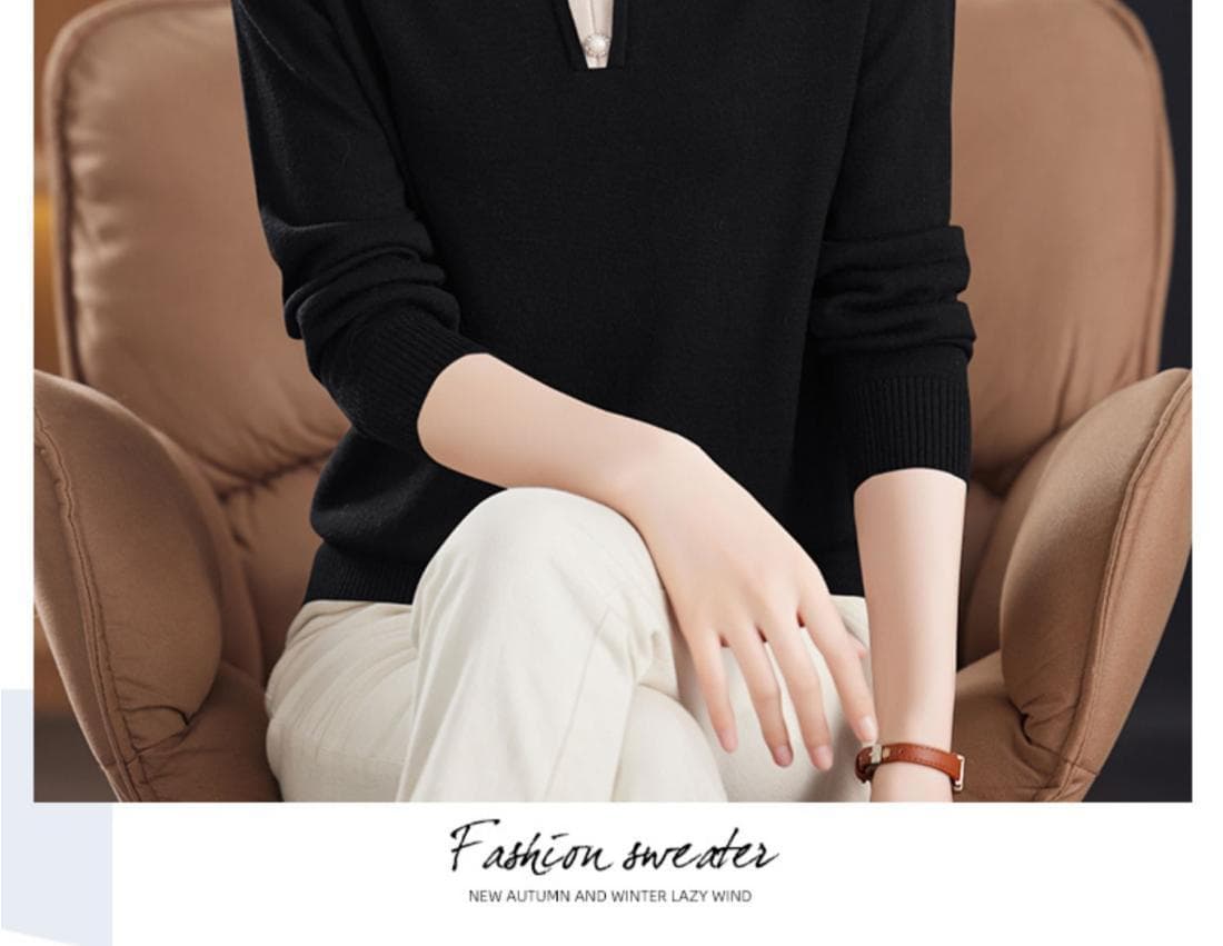 POLO 칼라 니트 스웨터 맨위 여성 봄 가을 새로운 외국 가스 패션 폴로 칼라 다용도 캐주얼 긴팔 어머니 드레스 스웨터 상세 이미지 25