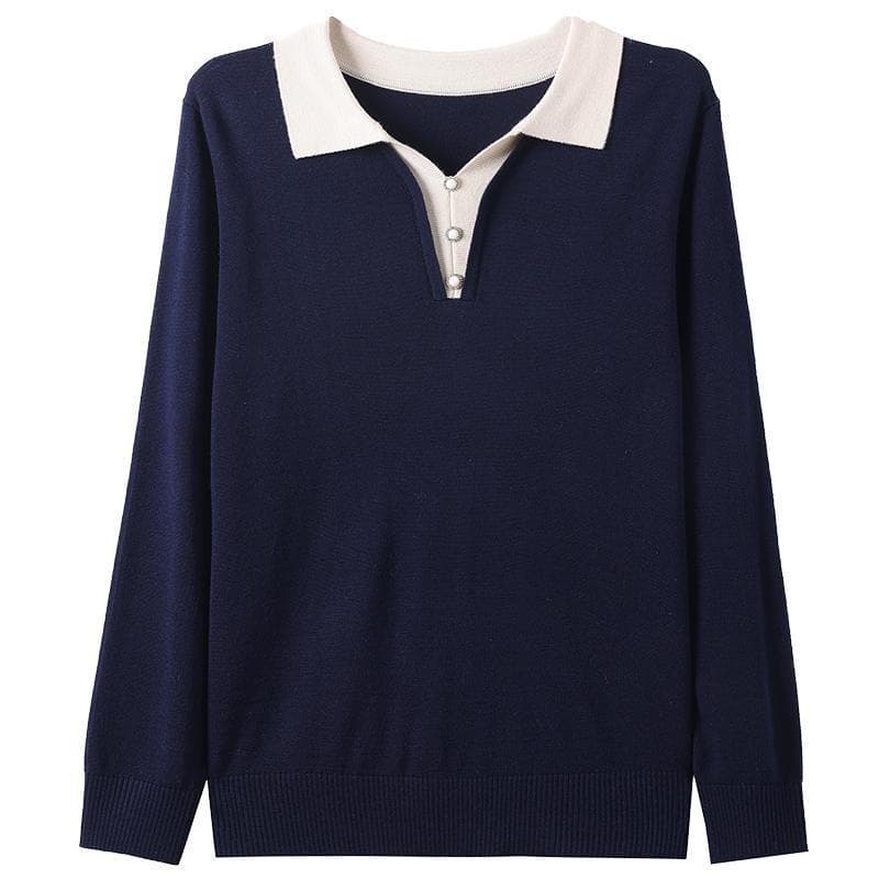 POLO 칼라 니트 스웨터 맨위 여성 봄 가을 새로운 외국 가스 패션 폴로 칼라 다용도 캐주얼 긴팔 어머니 드레스 스웨터 상세 이미지 30