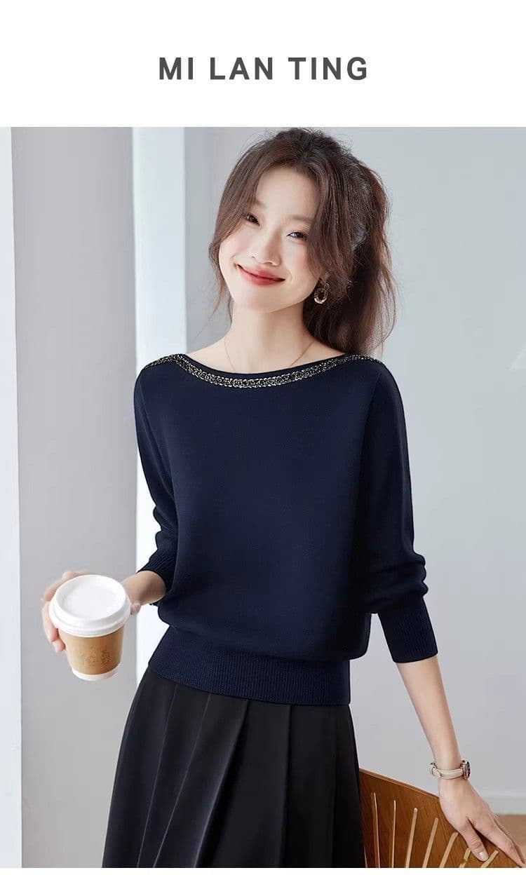 봄 가을 새로운 패션 외국 가스 인사이드 가져 가라. 품격 오프숄더 맨위 고급 센스 비즈 박기 니트 티셔츠 기본 셔츠 여성 상세 이미지 1