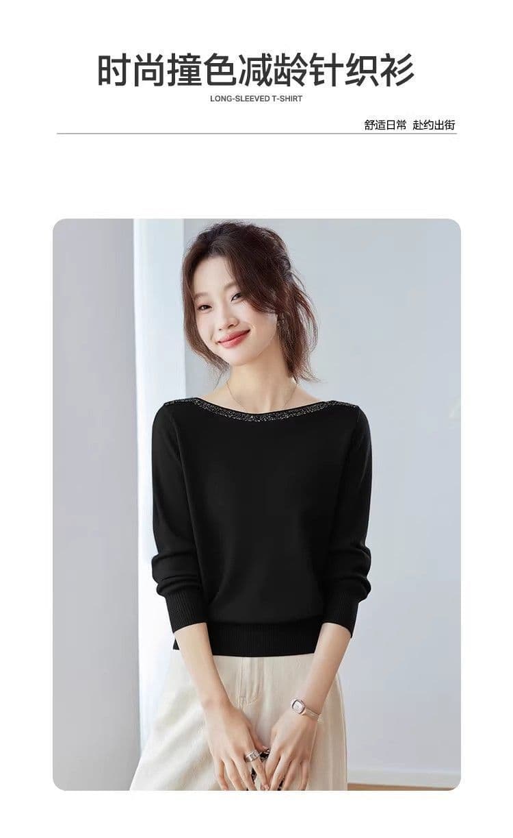 봄 가을 새로운 패션 외국 가스 인사이드 가져 가라. 품격 오프숄더 맨위 고급 센스 비즈 박기 니트 티셔츠 기본 셔츠 여성 상세 이미지 2